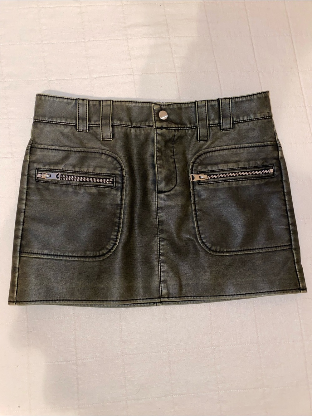 Mango Olive Green / Brown Faux Leather Waist Skirt with Stitch Panel NWT